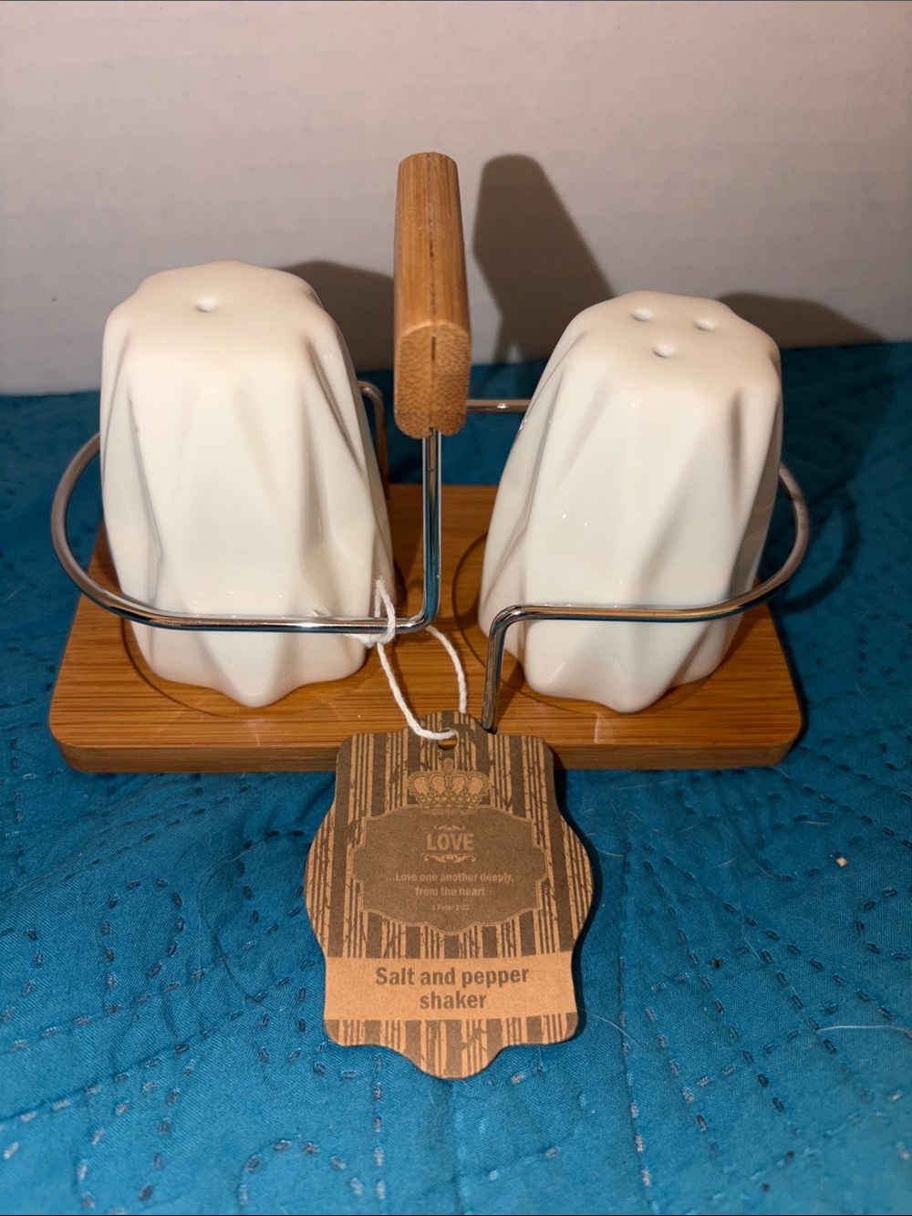 Christian Salt and Pepper Shaker Set Bamboo Tray NWT Bible Verse Scripture
